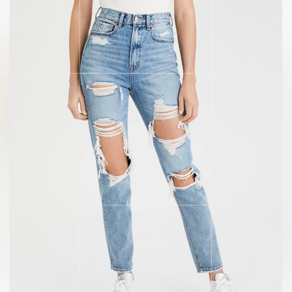 American Eagle Highest Rise Mom Jeans Women’s 00 Blue Distressed Ripped Comfort - Picture 1 of 14